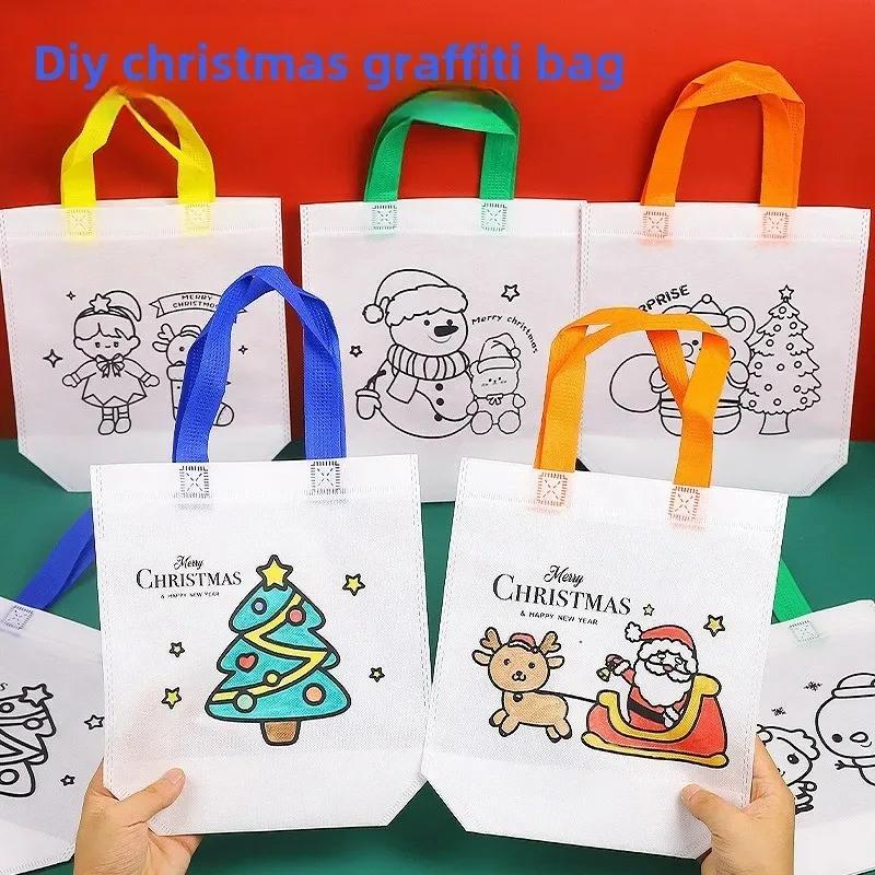 10-40PCS Kids Christmas Diy Painting Tote Bag Cartoon Coloring Reusable Craft Gift Bag Holiday Party Supplies Home Decoration