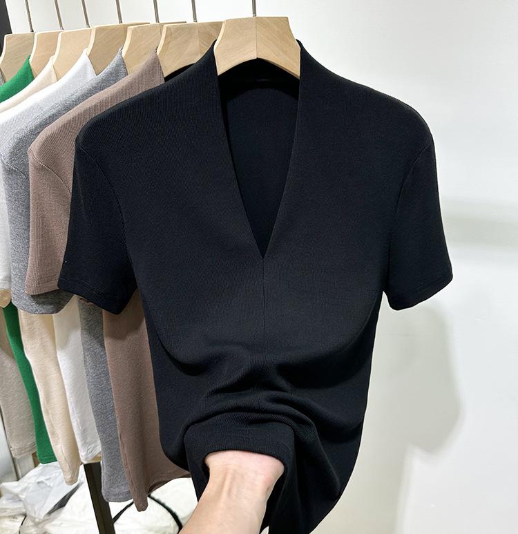 

Модная футболка с V-образным вырезом, с короткими рукавами, женская летняя новинка, облегающий топ с рукавами до локтя 2XL чёрный