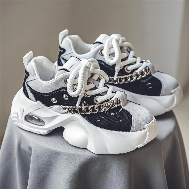 Fashion Men's Shoes  Autumn New Trendy Thick Soled Height Increasing Shoes Wear-resistant Metal Chain Tie Comfort Rivet Sneakers 2025