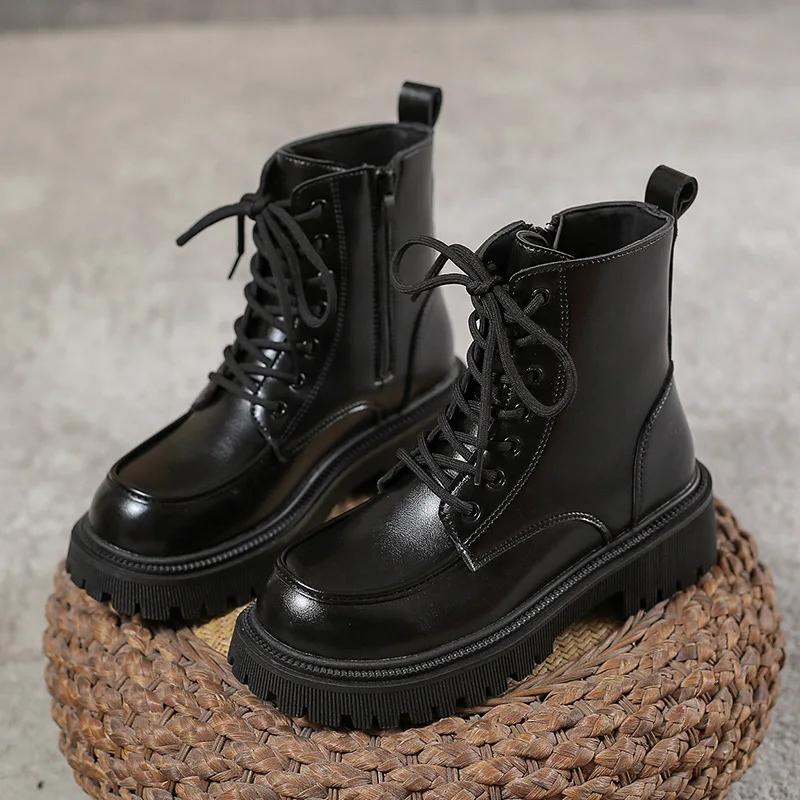 

Womens Ankle Boots High Quality Leather Boots Lace-up Platform Boots Fashion Lacquer Leather Casual High Top Boot Bottine Femmes 35 чёрный
