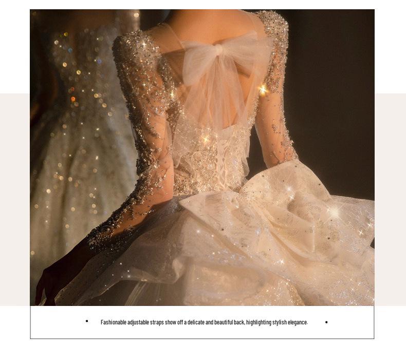 2025 Vintage French Long Sleeve Wedding Dress with Heavy Train and High-End Texture