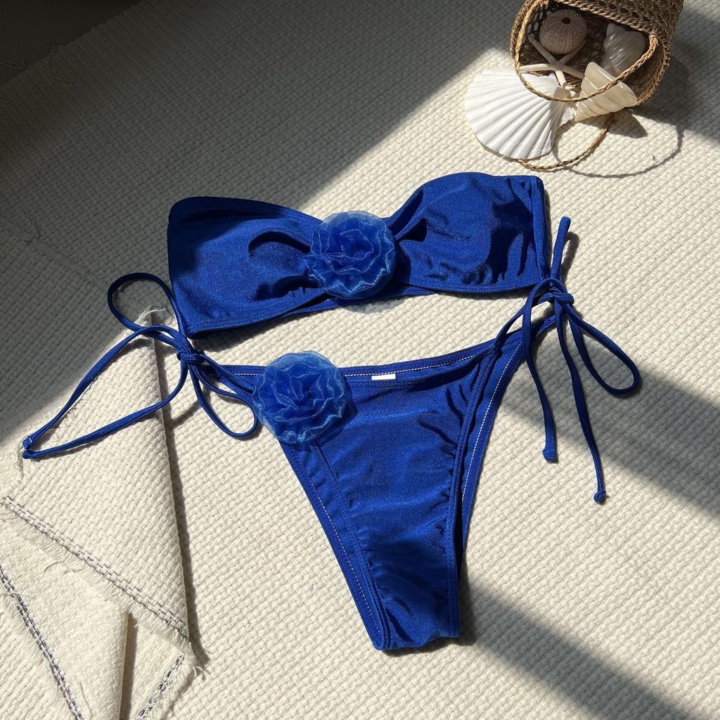 1011 New European and American Solid Color Glossy Floral Strapless Split Swimsuit Bikini Bikini