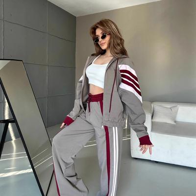 Cross-border Fashion Casual European and American Suit Women's Long-sleeved Striped Contrasting Color Zipper Cardigan Lace-up Pants Two-piece Set
