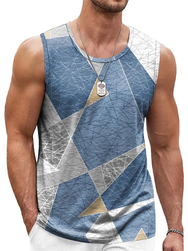 Sommar Rundhalsad 3D Retro Geometrisk Grafisk Tryckt Topp Moderiktig Casual Ärmlös Väst Herr T-shirts