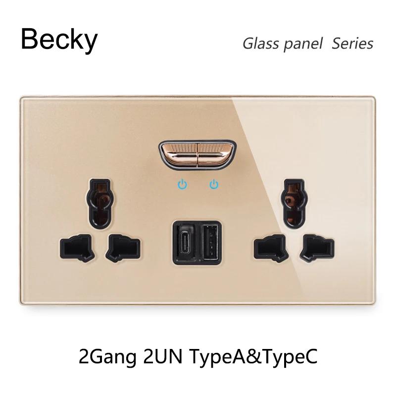 

Золота панель настінного вимикача зі скла з підсвічуванням LED, європейська розетка 16А, ретро-тумблер, стандарт ЄС/Великобританії, 2 USB-розетки, 1-4 пости