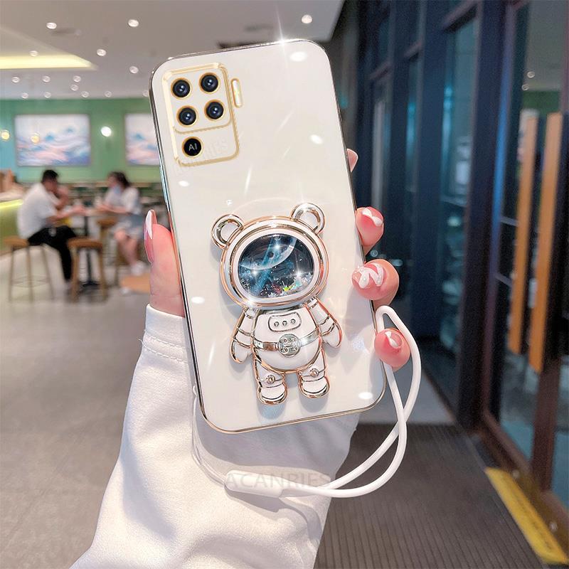 Reno5lite Glitter Astronaut Holder Plating Silicone Case For Oppo Reno 5 6 7 8 Lite 5lite 8t Reno7 A54 A74 4g 5g Lanyard Cover