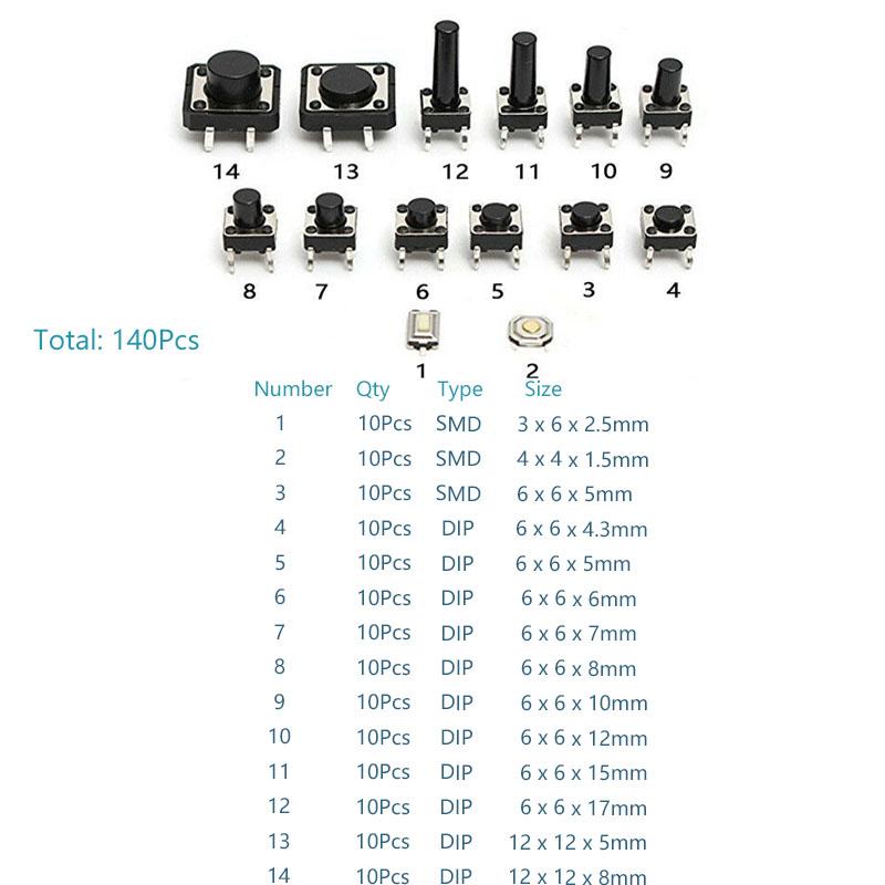 

Перемикачі Бокова іграшка для ніг Кнопка Сенсорні мікроперемикачі Чорні тактові перемикачі Кепка Тактильні тактові перемикачі 140pcs