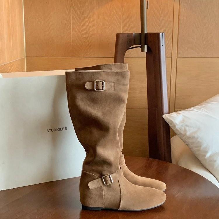 Vintage Suede Pleated Piled Boots Women's 2025 Autumn and Winter New Models But Knee High Boots Fashion Boots Long Boots