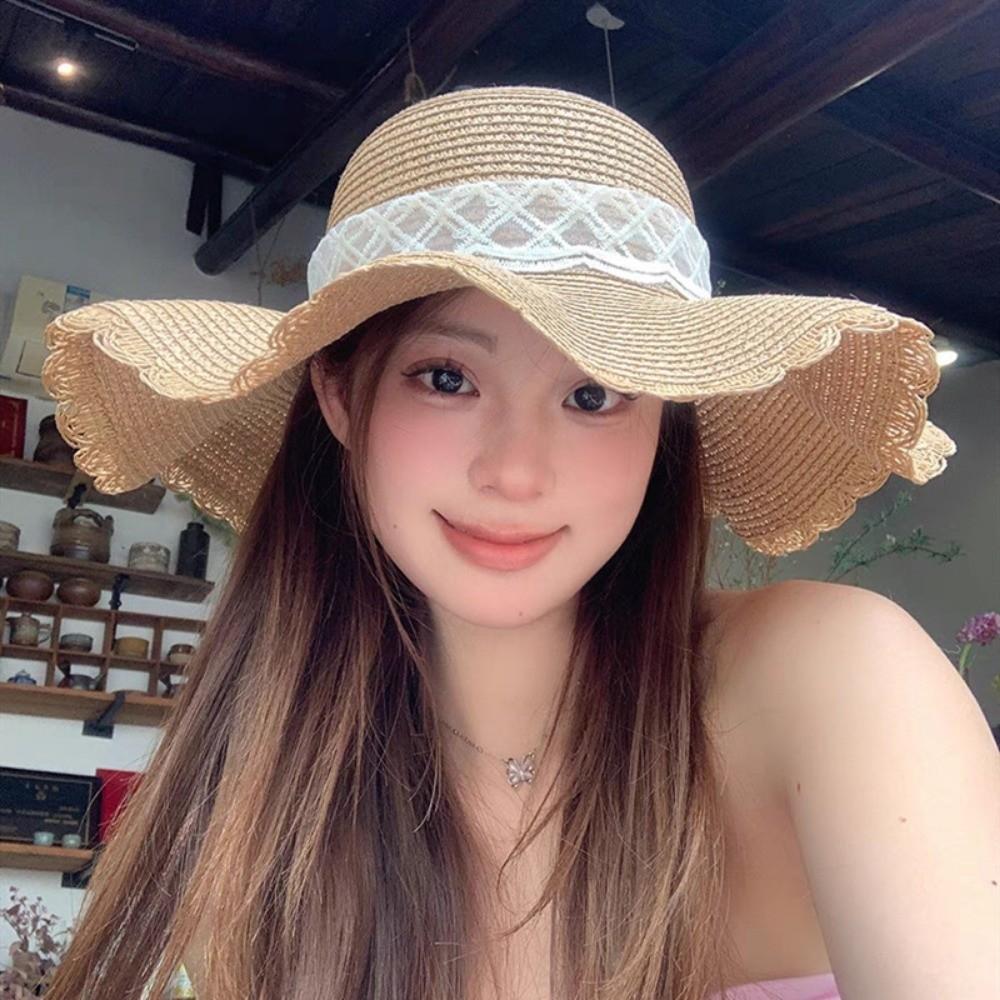 New Lace Ruffle Summer Straw Hat Solid Color Bowknot Sun Protection Hat Wide Brim Woven Straw Fisherman Cap Beach