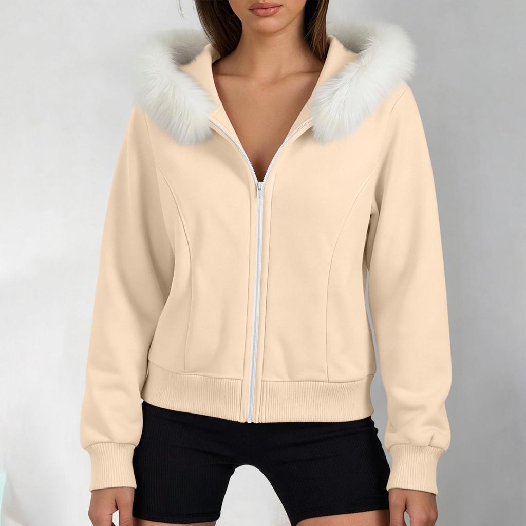Women's Color Long Sleeve Hooded Zip Up Jacket with Pockets and Faux Collar