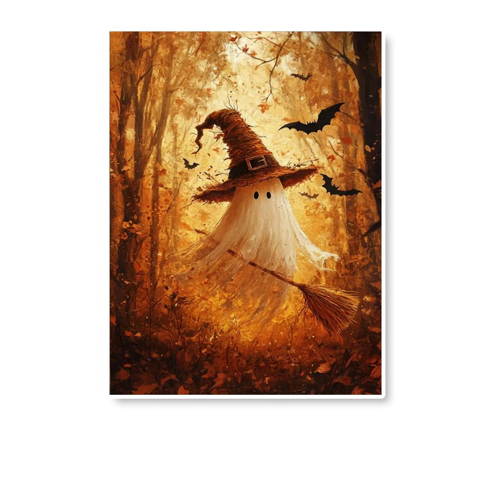 Halloween Witch Ghost Prints and Posters Autumn Forest Wall Arts Horror Rustic Charm Canvas Posters Wall Decor, No Frame