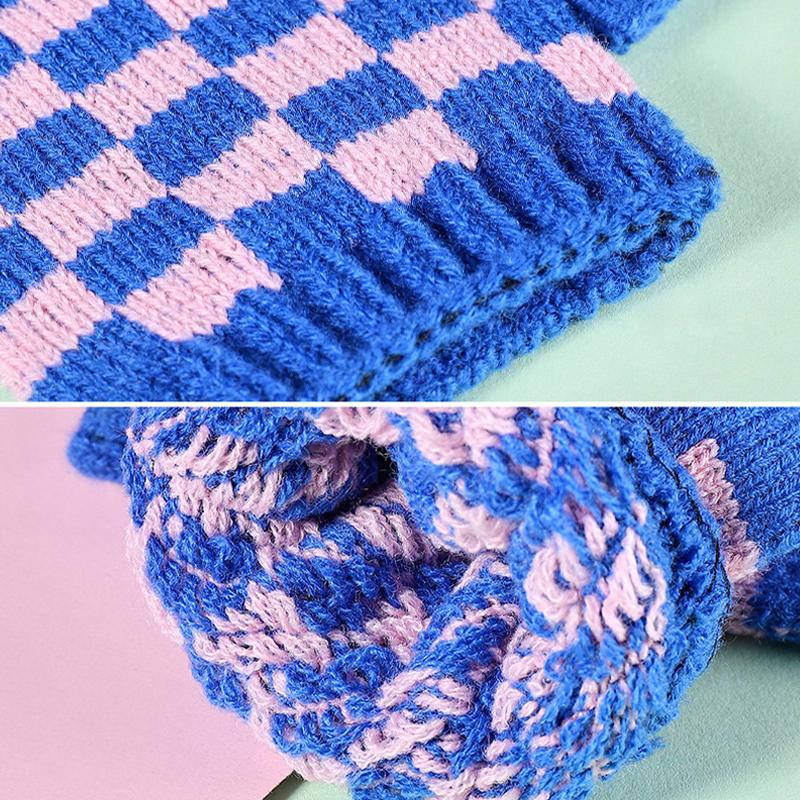 Warm Gloves Knitted Half-finger Plaid Cold-proof Gloves for Women Winter