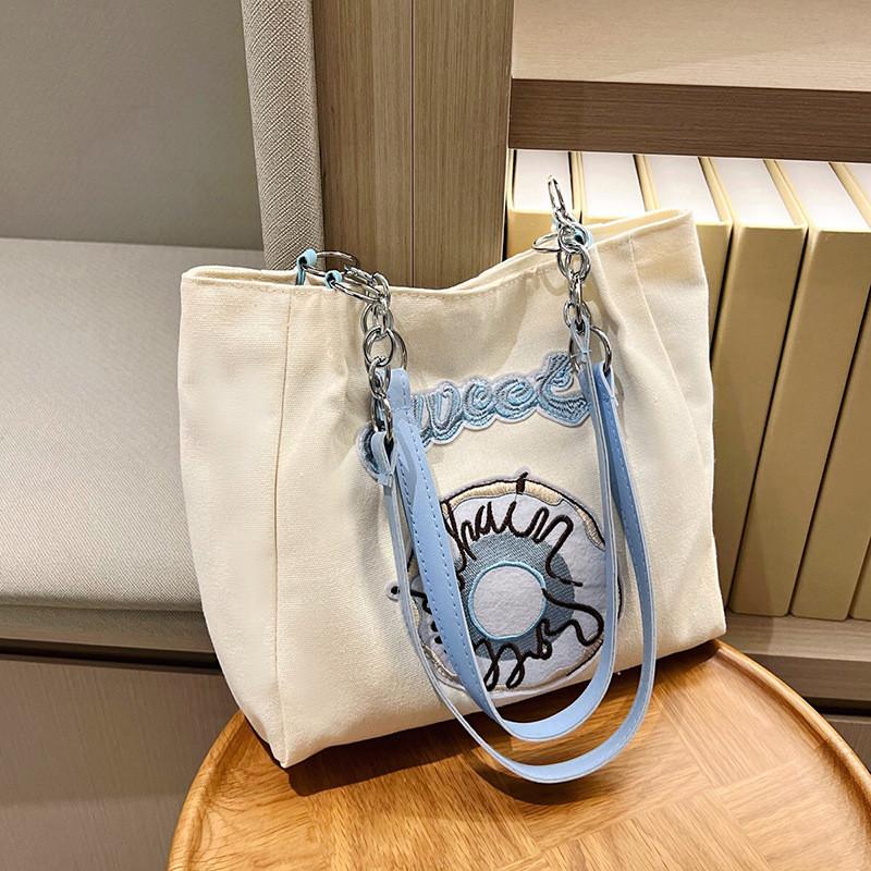 

Trendy Street Style Medium Soft Canvas Tote Bag With Zipper Closure For Daily Wear синій