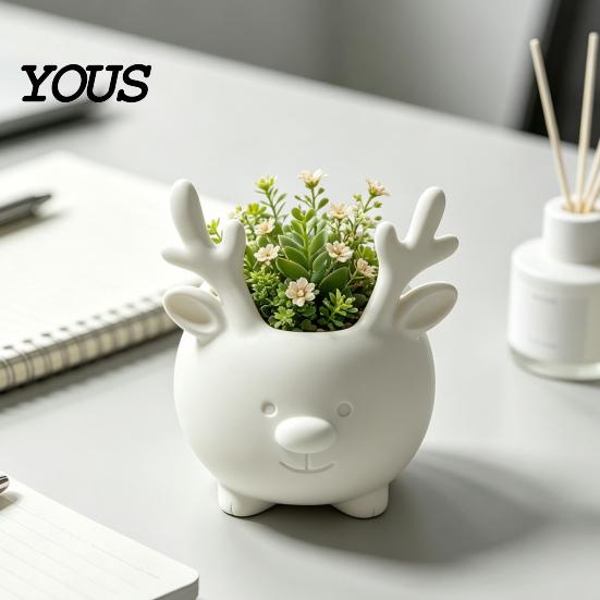 Ceramic Style Vase 3D Printed Reindeer Succulents Planter Pot for Indoor Plants, Decorative Desktop Office Desk Accessory Organizer, Christmas