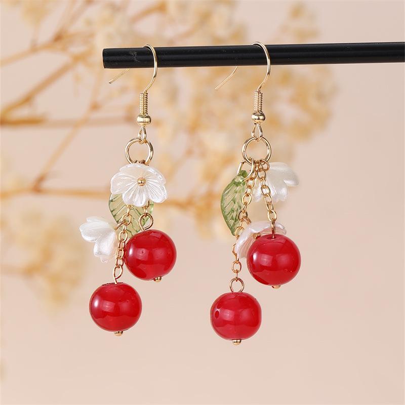 Cute Cherry Dangle Earrings White Flower Green Leaf Accent Suitable For Daily Wear Gifts For Women