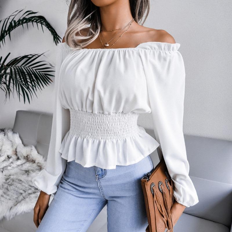 Fashion Elegant Off-shoulder Hem Ruffle Edge Blouse Women Slim Fit Pleated Solid Color Shirt Long Sleeve Casual Simple Short Top Sexy Women's Clothing