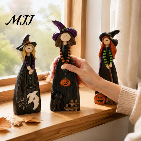Vintage Style Halloween Table Decor Wooden Witch Ornaments, Distressed Figurines, Retro Tabletop Unique Accents Decoration with Pumpkin Designs