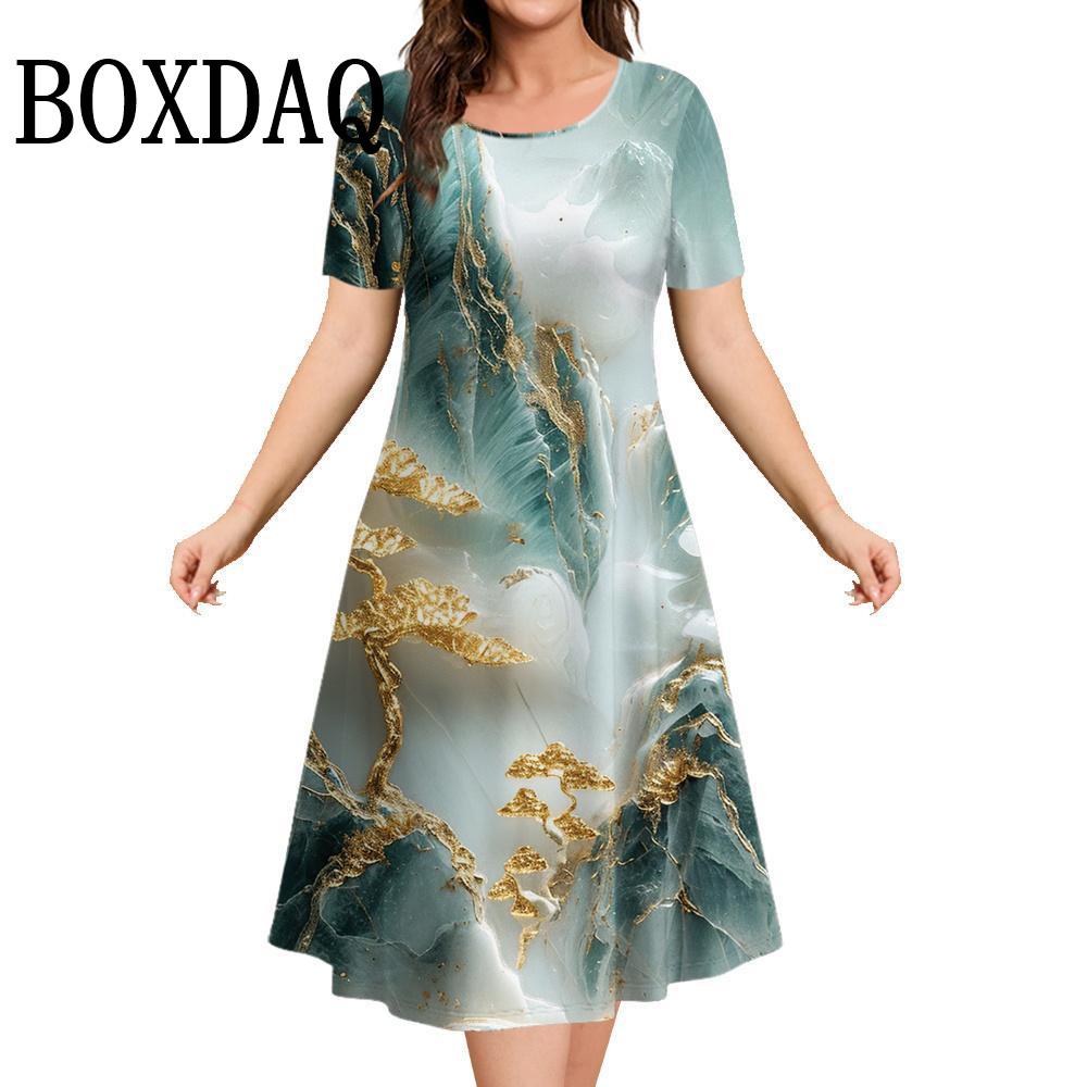 Marble Landscape 3D Printed Women's Clothing Summer Short Sleeve Elegant Party Dresses O-Neck Casual Painting Loose A-Line Dress