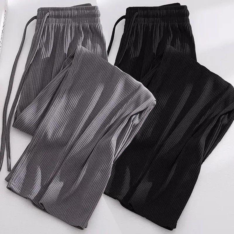 Women's Summer Ice Silk Wide-Leg Pants: One or Two-Piece Set, Korean Style, High Waist, Slimming, Floor-Length.