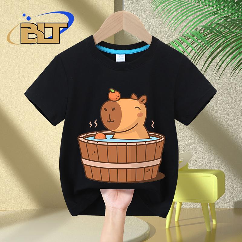Capybara in hot tub printed Kids TShirts summer childrens pure cotton shortsleeved casual tops boys and girls gifts