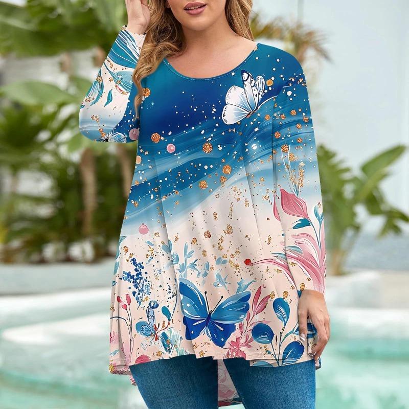 Women's Fashion Large Size Round Neck Long Sleeve Casual Print Loose Pullover Top T-Shirts Women’s