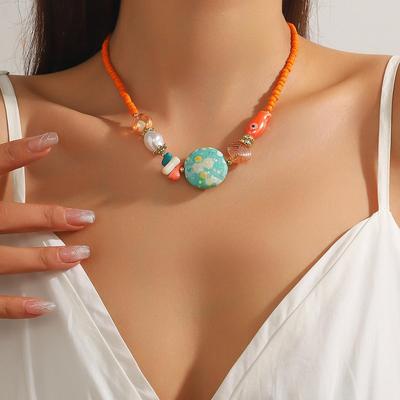 Color Blocked Bead Collarbone Chain Ocean Design Ceramic Necklace Small Fish Bohemian Necklace for Women