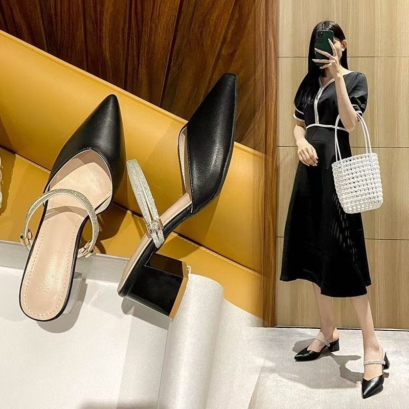 Fashion pointed thick heel solid color bag head slippers 2025 summer new rhinestone sandals daily casual lady high heels