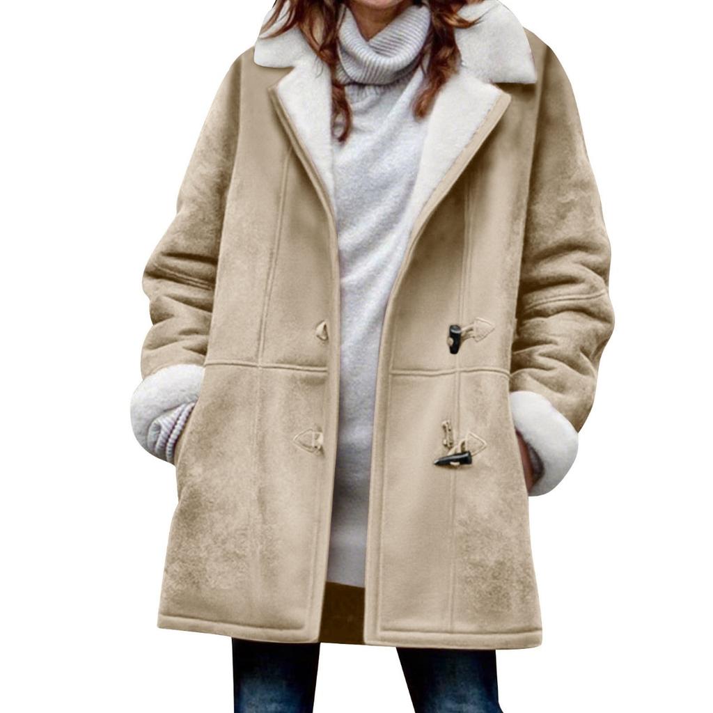 New Women's Solid Color Mid-length Loose Casual Fleece Thickened Warm Coat For Fall Winter, European & American Style Crossborder Outerwear