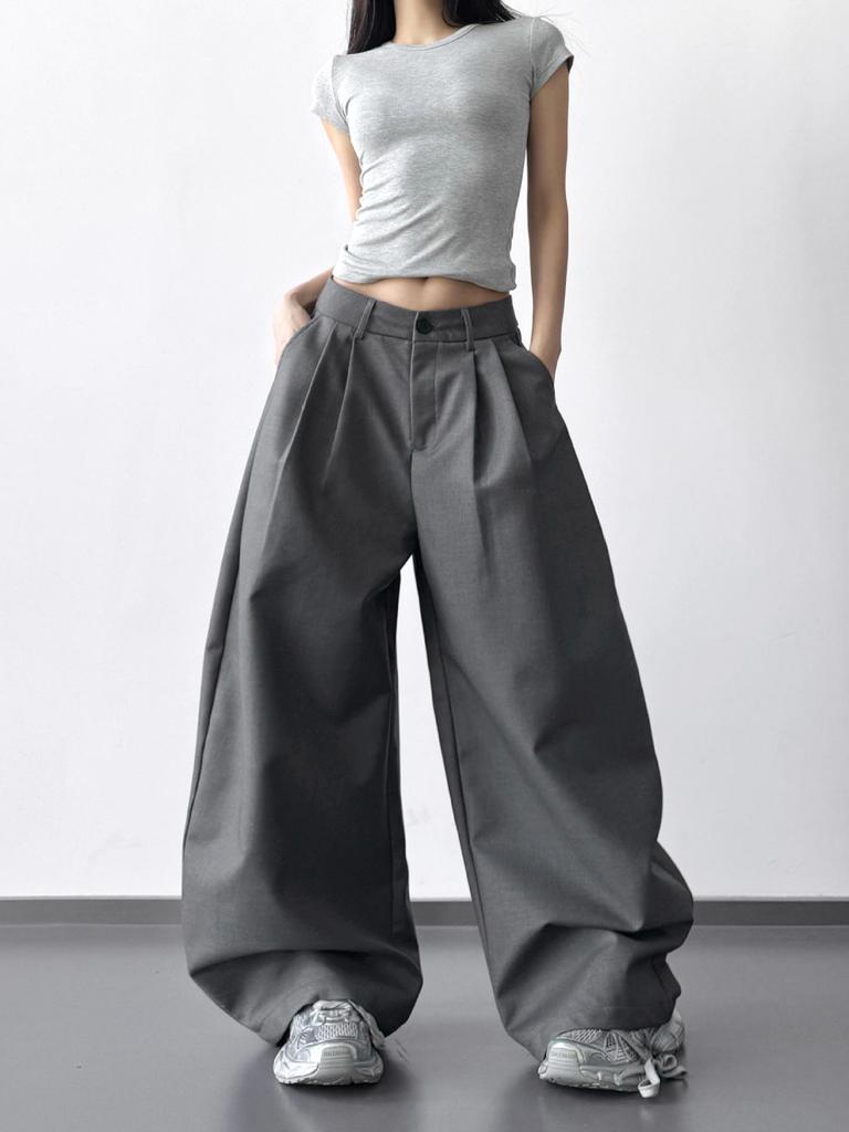 2026 Women's Spring High-Waisted Grey Wide-Leg Suit Pants - Loose, Slimming, Long, Drapey Casual Fit