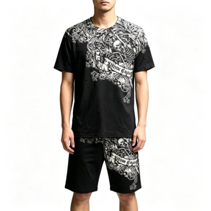Summer Casual Retro Skull Printed Round Neck Short Sleeved Kids T-Shirt And Shorts Set Boy's and Girl's T-shirt Shorts Set