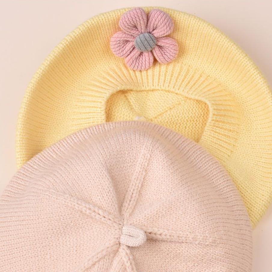 Baby Girls Autumn Winter Hat Cute Flower Beret Toddler Knitted Artist Hat Kids Woolen Cap For Newborn 6-12 Months Home Outdoor