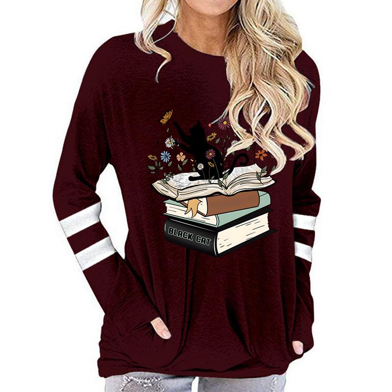 Y2K Vintage Book Lovers Streetwear T-Shirts Women Funny Cat with Books Print T Shirts Fashion Long Sleeve Cotton Women Tops Tees