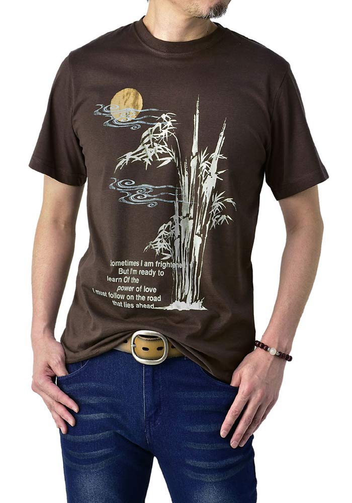 

[FLAG ON CREW] Japanese-style T-shirt, Men s Short Sleeve Print, Japanese American Casual Style, Size B0S, LL, Moonlit Bamboo Forest (Brown)
