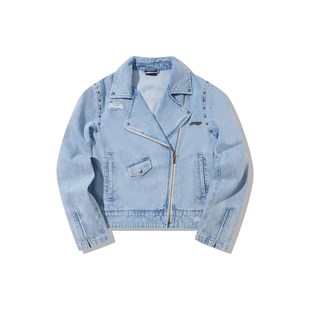 Li Ning X Pleasures Collaboration Solid Color Washed Denim Jacket Women Jacket Denim-Blue AJDT758-2