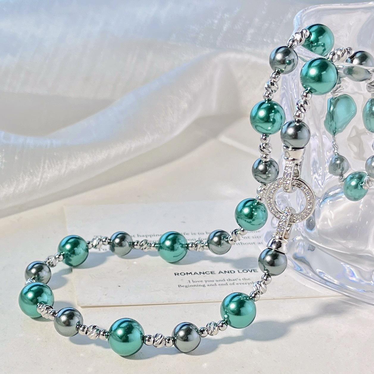 10Mm Autumn And Winter Highlight Peacock Blue Green Artificial Crystal Pearl Gypsy Star Necklace Clavicle Chain Sweater Chain