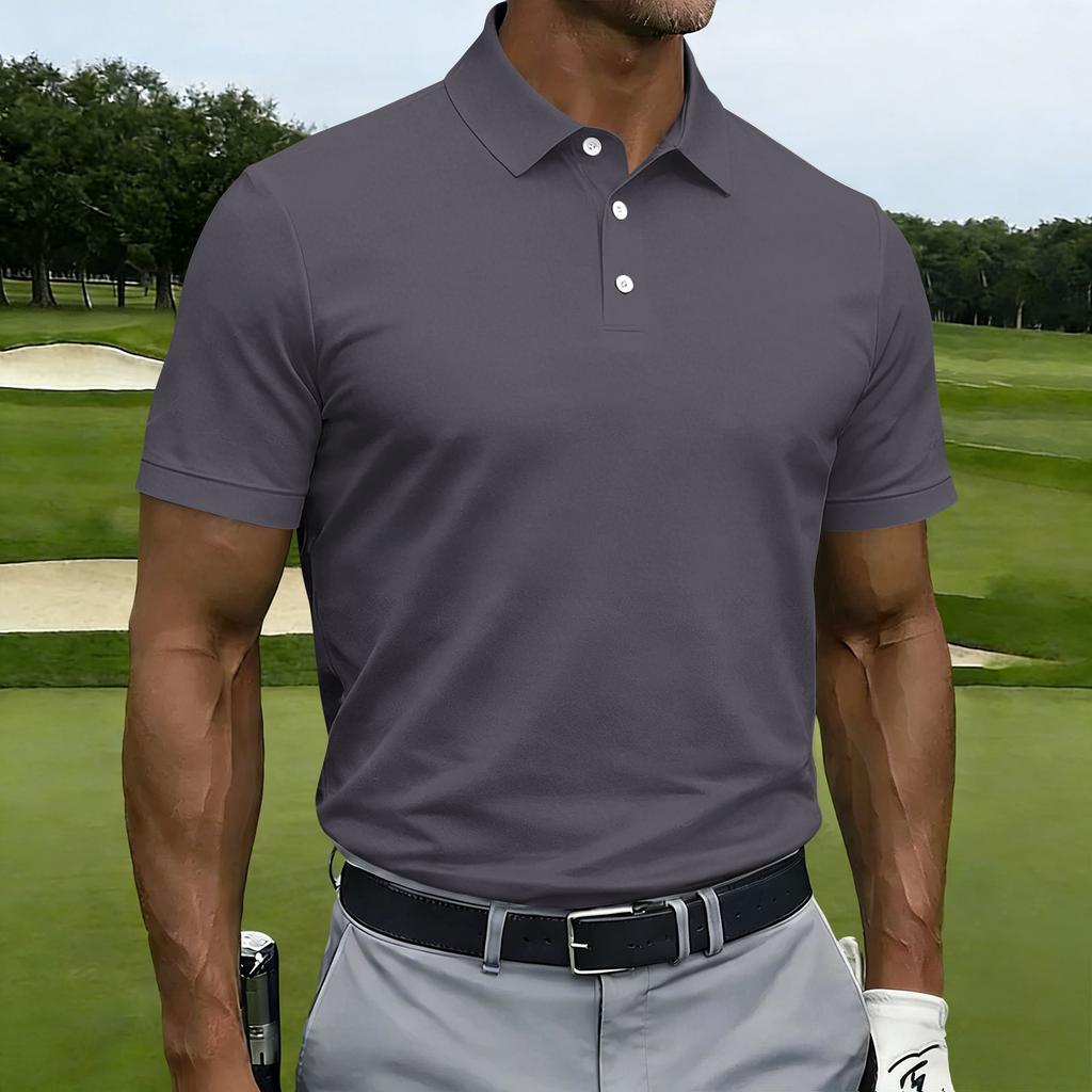 Men Short Sleeve Polo Shirt Classic Fit Button Down Collar Lightweight Breathable Knit Fabric for Business Casual Wear