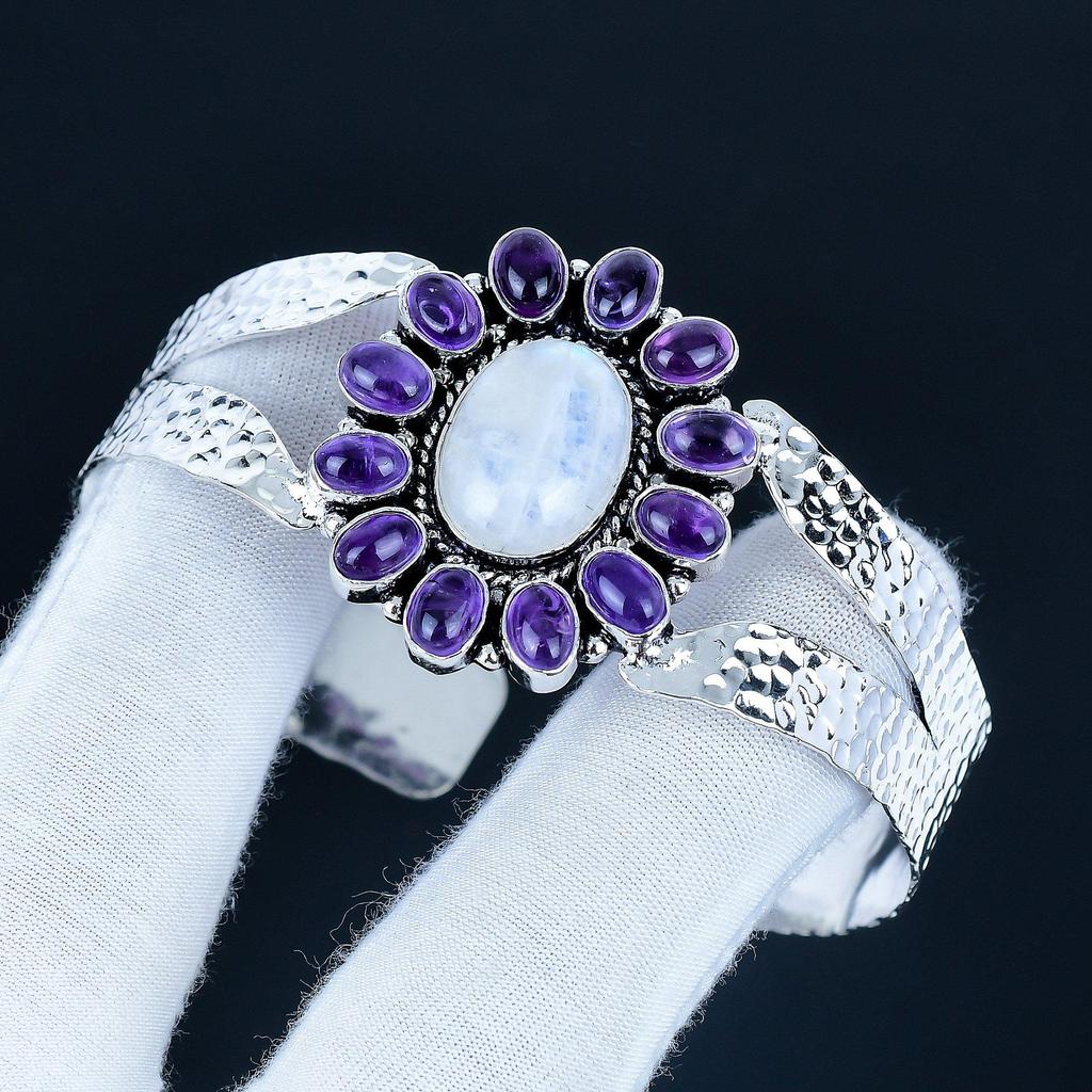 Ametist Ädelsten Handgjord Manschettarmband 925 Sterlingsilver Manschettarmband, Regnbågsmånsten Blomma Form Armband För Fru, Unisex Armband