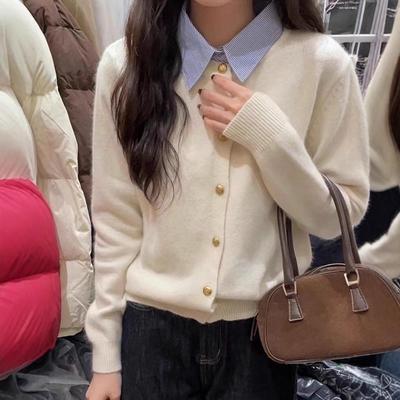 Europäischer Chic Patchwork-Cardigan mit Polokragen - Langärmliger, vielseitiger und stilvoller Strickpullover mit einem einzigartigen zweiteiligen Design.