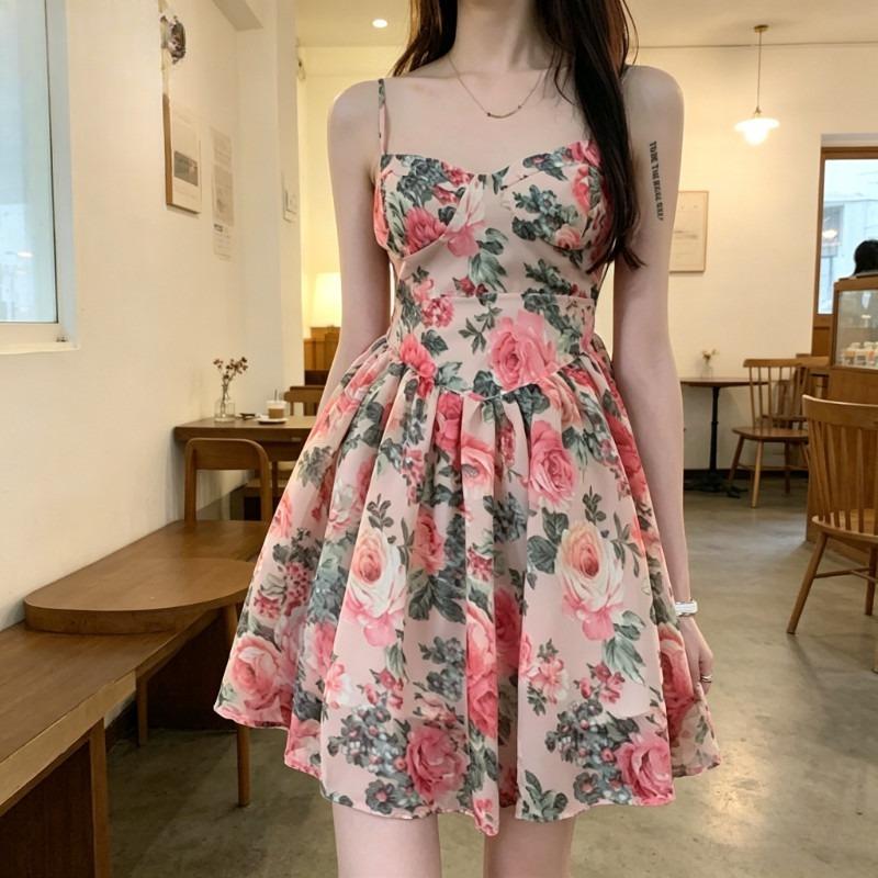 Floral Print Cami Dress Waist Slimming A-Line Skirt French Style Summer Fairy Dress for Women