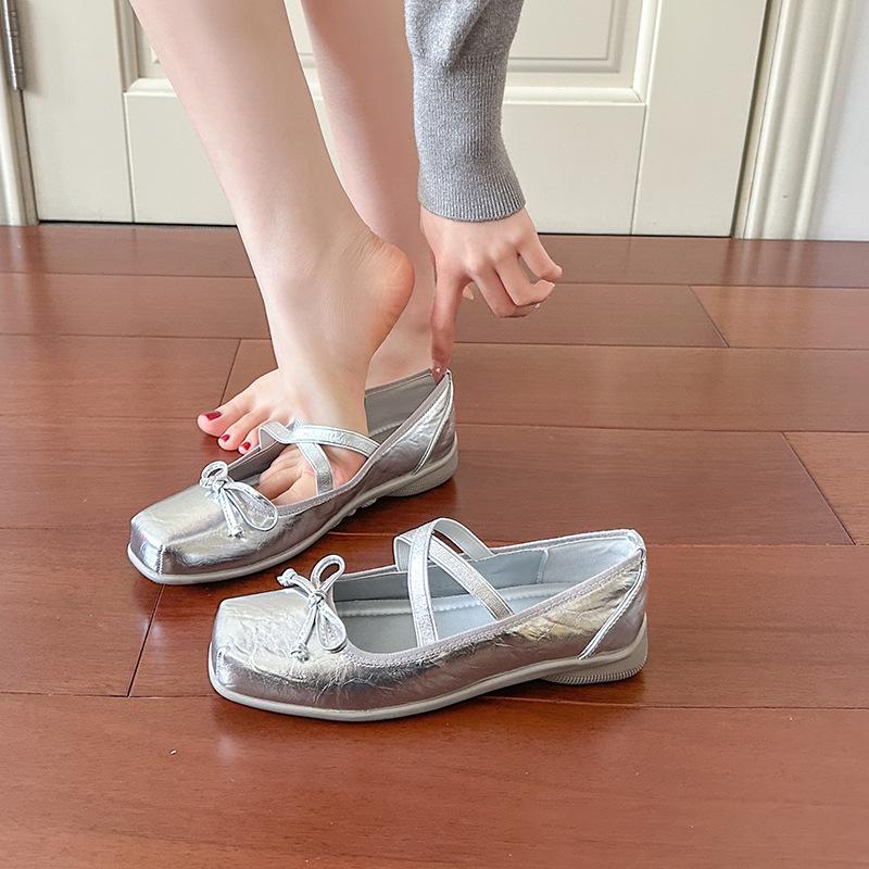 

Silver Ballet Shoes Cross Strap Light Mouth Flat Shoes Women s Spring and Summer Bow Flat Mary Jane Shoes 35 срібний