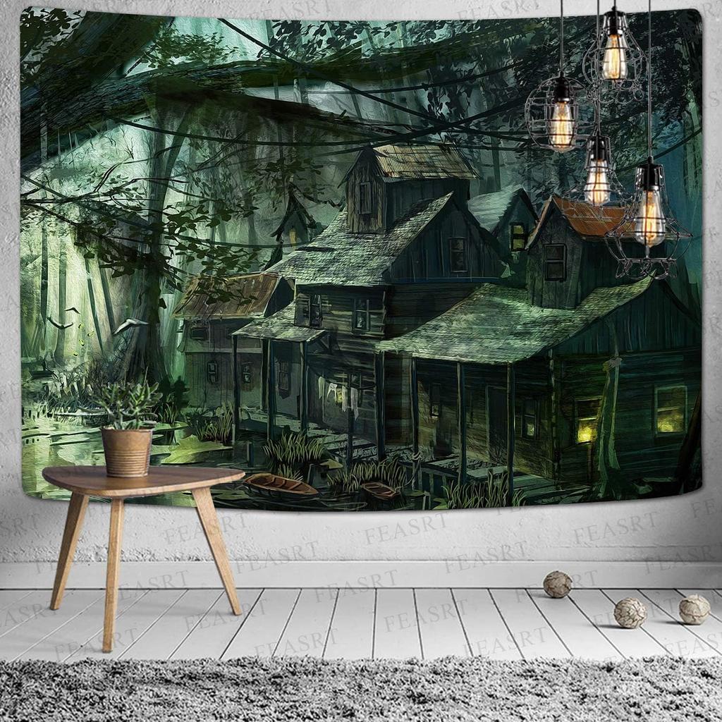 Aesthetic Swamp Abandoned House Tapestry, Dark Forest Haunted Cabin Wall Hanging, Gothic Witchy Decor For Bedroom Living Room