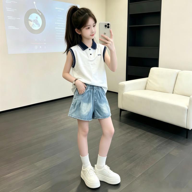 Girls Cat Cartoon Summer T-shirt & Denim Shorts Two-Piece Set (2026) 160 cm