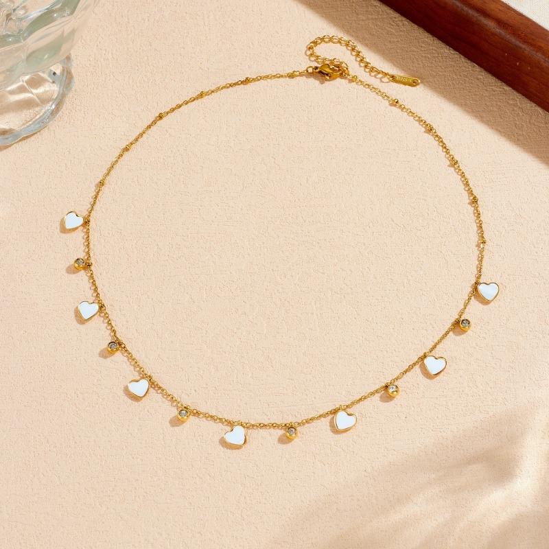 Gold Tone White Enamel Heart Charm Choker Necklace with Zircon