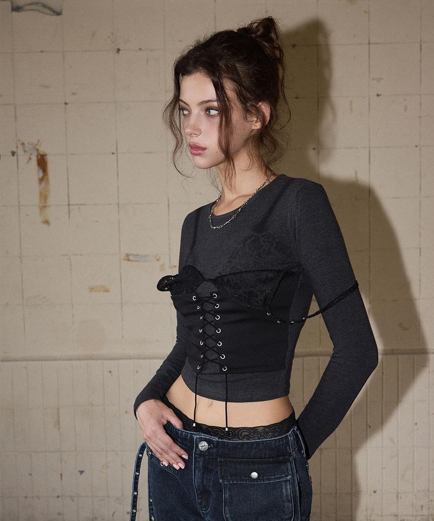 NO EXTRA TOUCH Bustier Layered Long Sleeve Tee (Charcoal) / 26Fwts003Ch