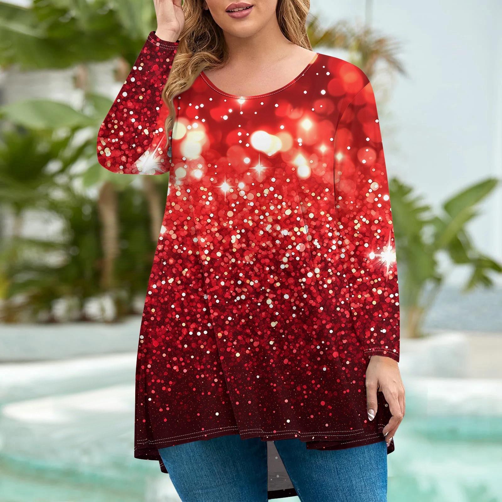 

Женская мода большого размера с круглым вырезом и длинным рукавом, повседневный свободный пуловер с рождественским принтом XL киноварь