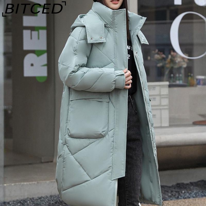 BITCED Thickened Puffer Jacket Down-Filled Cotton Coat Women's Loose-Fit Winter Coat Mid-Length Knee-Length Cotton Jacket