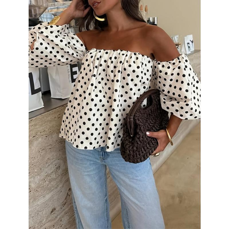 Camisa Casual de Verano para Mujer, de un Hombro, Manga Corta Abullonada, Lunares