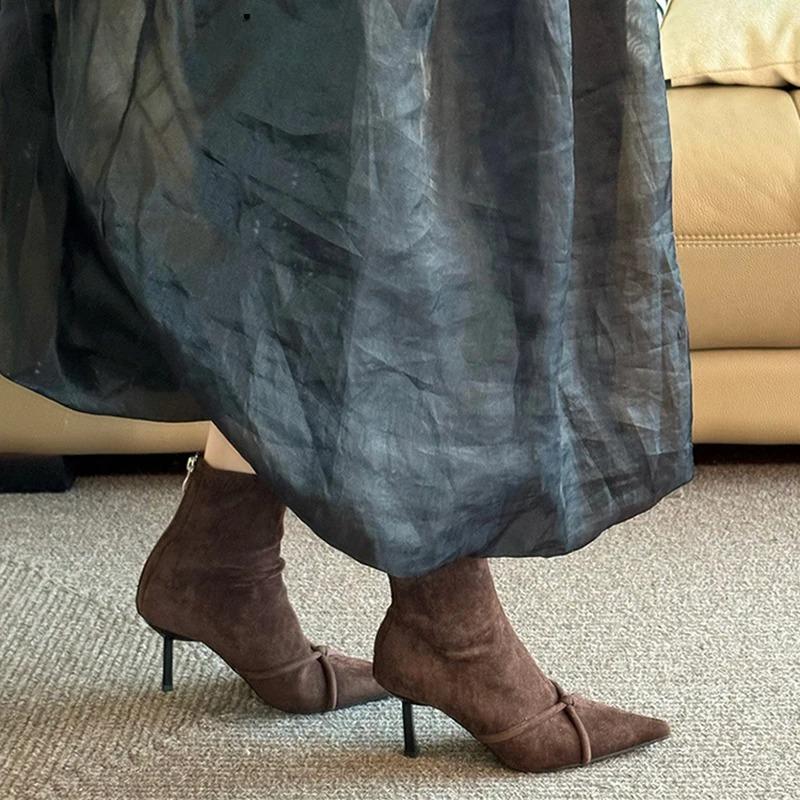 Stivaletti da Donna Vintage Moda Punta Sottile Tacco Alto Scarpe Festa Ballo Elastici Sottili Botas Para Mujer
