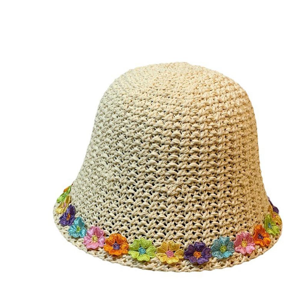 Girls Teens Crochet Bucket Hat with Flower Decals Woman Straw Weaving Floppy Hat Teens Summer Spring Camping Sun Hat