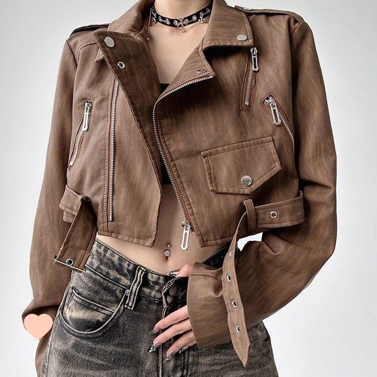 

Женская кожаная куртка в стиле ретро: Маленький свободный крой для весенне-осеннего уличного стиля M (Recommended 48kg-52kg)